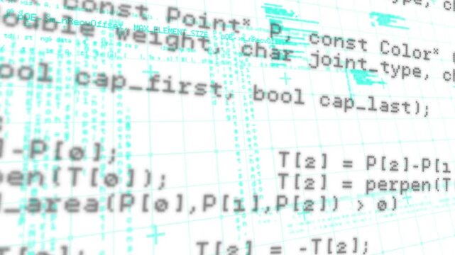 Animation of grid pattern and computer language over white background