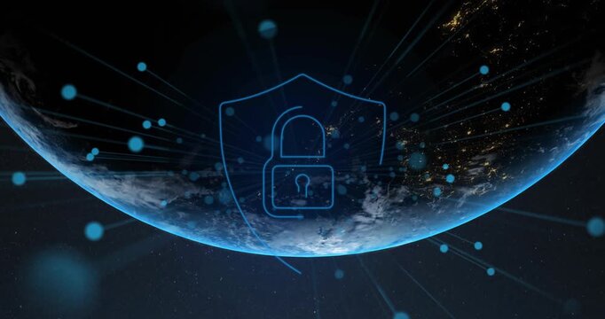 Animation of security padlock icon over globe against blue background