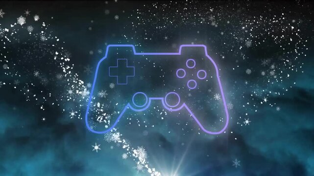 Animation of moving lens flares and snowfall over gaming console against abstract background
