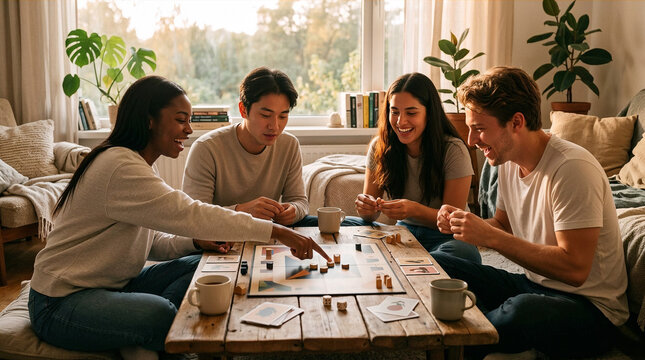 Group of diverse friends sitting on floor and laughing while playing board game at home.