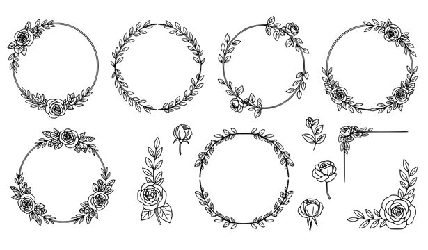 Botanical floral wreath and frame line art vector set with hand drawn flowers leaves and decorative elements