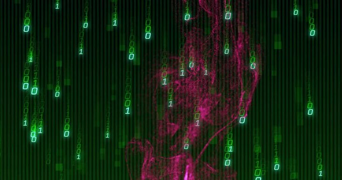 One-second cue releasing magenta smoke streaming downward amid green binary code showing data flow