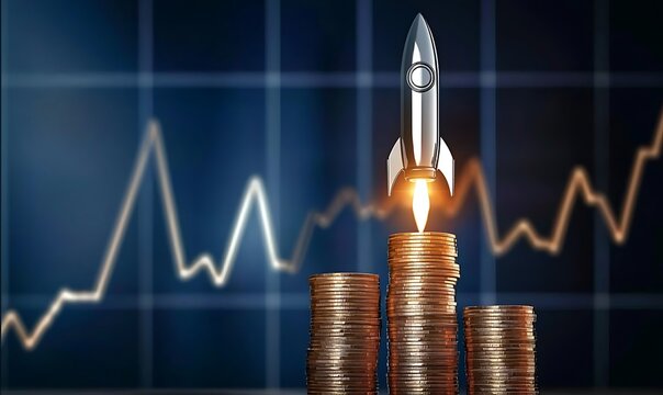 Silver rocket taking off from stacked gold coins symbolizing financial growth on stock market chart