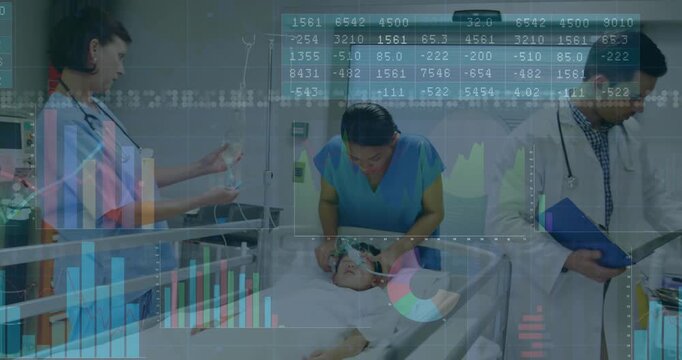 Nurse entering medical ward adjusting cannula while doctor reviewing chart overlaying vitals data