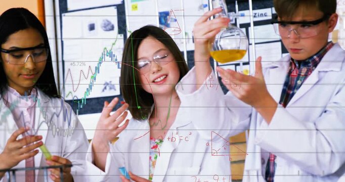 Students holding yellow flask boy joining comparing red solution graphs overlaying chemistry lab