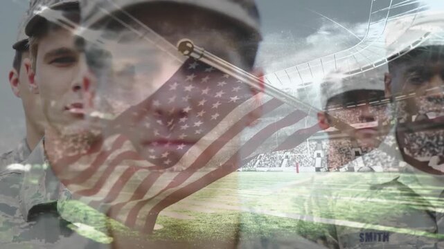 Soldiers standing in military stadium, dissolving flag overlay revealing SMITH patch honoring unit
