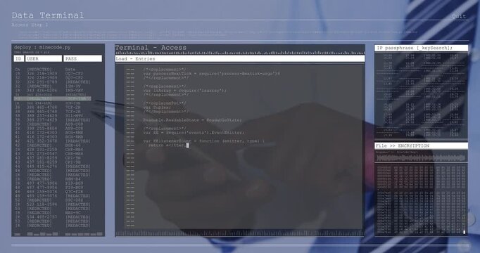 Male IT pro tapping smartphone and opening terminal HUD, editing code and reviewing encryption logs