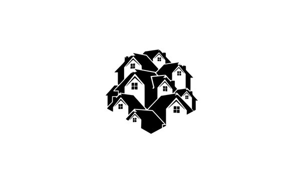Gold 3D real estate logo with layered houses modern property emblem vector illustration isolated on white