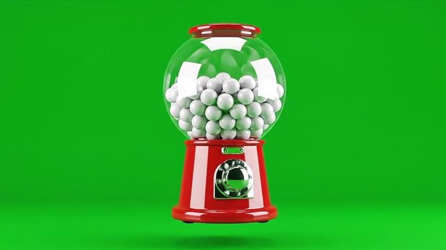 Red Gumball Machine Filled with Colorful Candies on Green Screen Background.