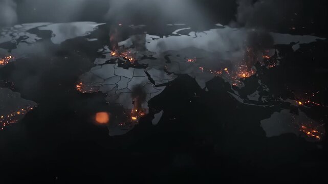 Global Crisis: World Map Showing Fires, Conflict, and Destruction