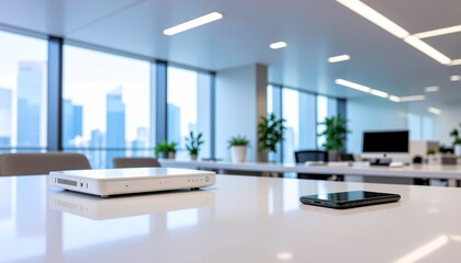 Fototapeta premium オフィスのWi-Fiルーターとスマホ｜通信・ネットワークのミニマル背景