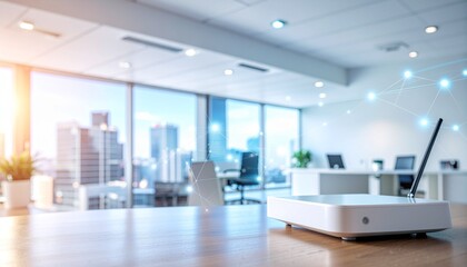 Fototapeta premium オフィスのWi-Fiルーターと通信ネットワーク｜発光ノードのテクノロジー背景