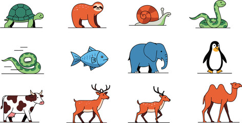 Naklejka premium Cute Cartoon Animal Set with Turtle Sloth Snail Snake Fish Elephant Penguin Cow Deer Camel Characters for Kids Education and Wildlife Vector Collection