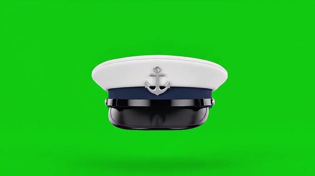 Navy Officer Hat with Anchor Emblem Floating on Green Screen.
