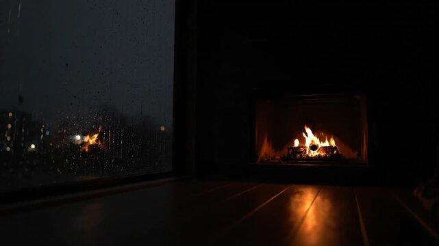 A cozy fireplace flickers in a dark room, casting a warm glow on the floor. Outside, rain streaks against a window where city lights glimmer, creating a peaceful and serene ambient atmosphere.
