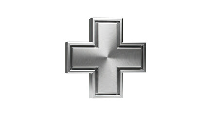 Fototapeta premium A gleaming metallic cross symbol with a brushed texture, isolated on white
