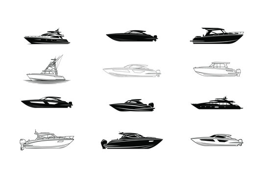 Modern luxury yacht and speedboat silhouettes set isolated on white background