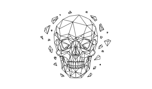 Geometric fragmented skull vector design with separated polygon pieces modern abstract illustration isolated on white