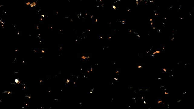 golden confetti falling down, exploding gold confetti slow motion overlay. Falling metallic glitter confetti in black background. real gold confetti rain isolated for festive holiday celebrations.