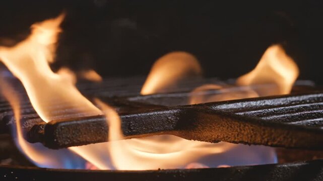 Close-up of vibrant orange flames burning on a dark grill with blue undertones