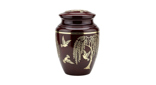 Richly decorated dark wood urn with golden weeping willow tree and flying birds