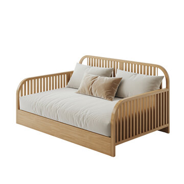 Natural wood daybed with mattress and pillows wood bed isolated on a transparent background