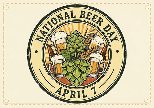 National beer day logo with hops and beer glasses on vintage background