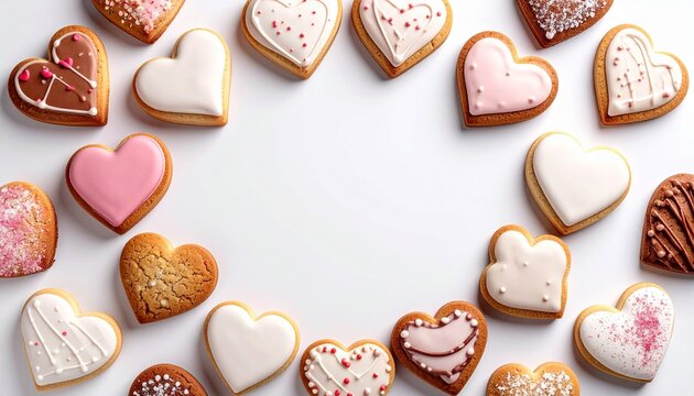 ハート型クッキー円形配置中央余白強調白背景