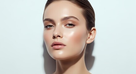 Fototapeta premium Beauty Portrait of a Young Woman with Glowing Glass Skin and Natural Makeup on White Background for Skincare and Cosmetics
