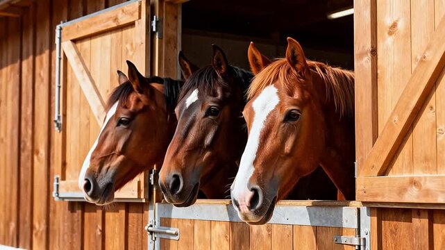 Three horses in stable window