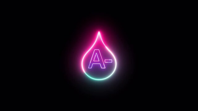 A- Negative Blood Type Neon Glow Drop on Black Background with Health Care