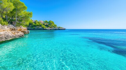 Obraz premium Mediterranean Crystal clear waters of the Mediterranean Sea, gently lapping against a rocky shoreline.