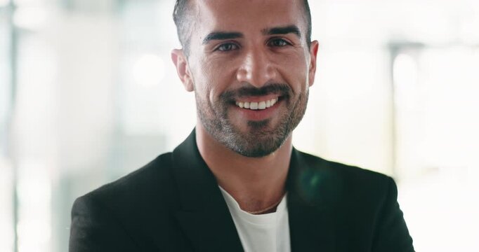 Finance, face or man in workplace with laugh, pride or ambition as funding advisor. Portrait, space or investment consultant in agency with happiness, confidence or experience in risk management.