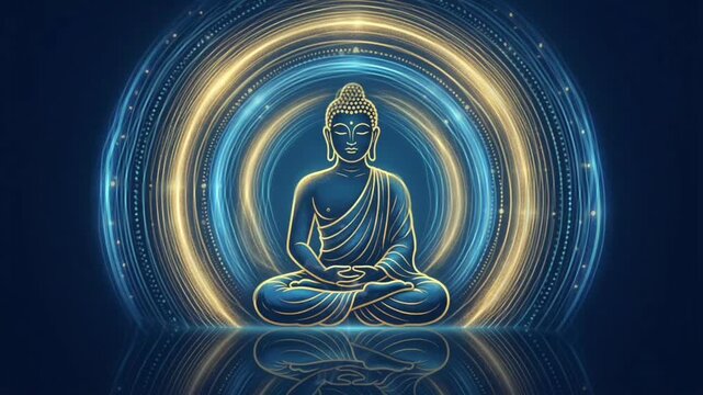 Glowing neon lord buddha silhouette with abstract circular light rays for buddha purnima and mahvir jayanti representing digital spirituality modern zen and eternal energy background
