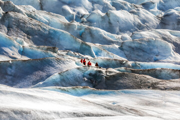 A small group of unrecognisable hikers Crossing the vast Mendenhall Glacier , Alaska