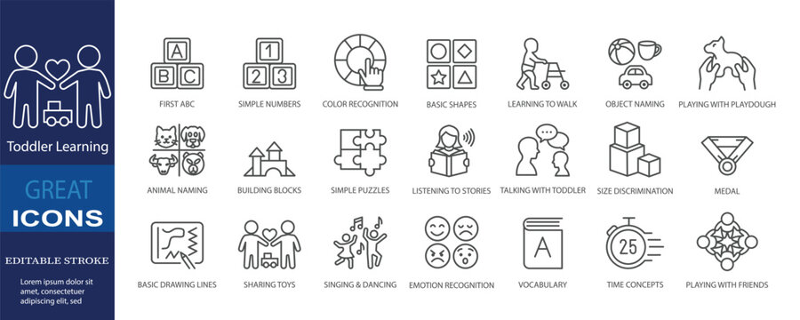Set of icons for Toddler Learning. Editable stroke. Vector illustration	