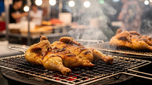 Delicious whole chickens sizzling on an open grill at a vibrant night market, with tantalizing smoke rising, promising a flavorful outdoor culinary experience