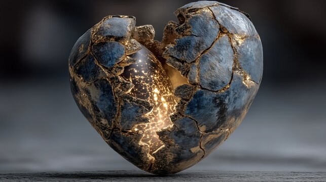 Cracked Metallic Heart Sculpture with Glowing Golden Light Symbolizing Resilience and Renewal
