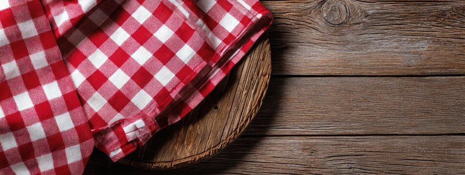 Red and white checkered tablecloth draped over a rustic wooden table with a woven basket.