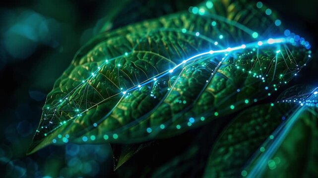 Futuristic animation of a green plant leaf with glowing blue digital data streams and a neural network structure flowing through its veins. Concept of green technology, biotechnology, and the synergy 