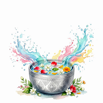 Songkran water festival, floral splash bowl, traditional culture, spring celebration, decorative illustration.