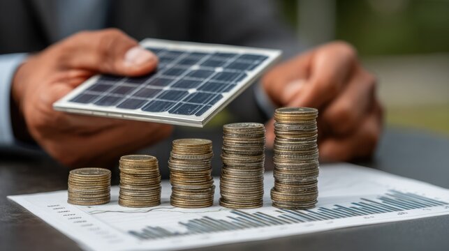 Solar energy investment growth represented by coin stacks and mini solar panel