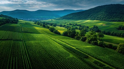 Obraz premium Green agricultural landscape with hills and fields