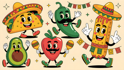 Fototapeta premium Cheerful mexican food and elements cartoon characters dancing