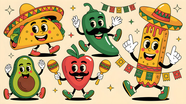 Cheerful mexican food and elements cartoon characters dancing