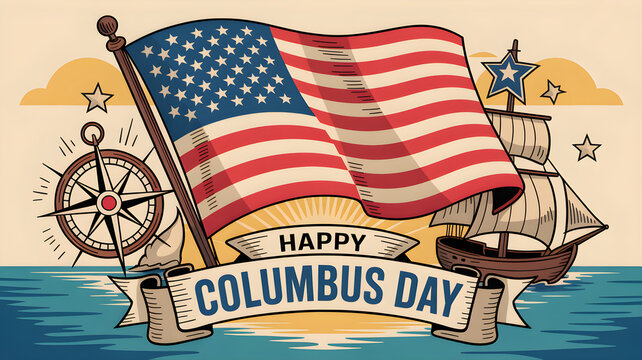 Celebrating columbus day with american flag and ship