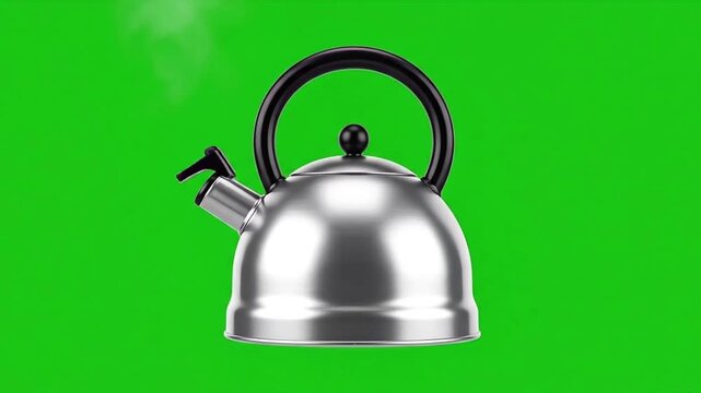 Shiny Metal Tea Kettle on Green Screen Background.