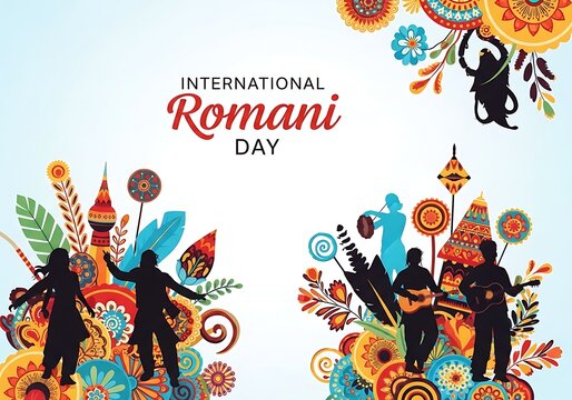 International romani day colorful illustration with silhouettes and floral patterns