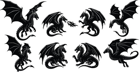 Fototapeta premium Set of black dragon silhouettes mythical creature icons flying fire breathing fantasy monsters tribal tattoo art vector illustrations on white background