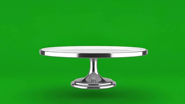 Empty silver cake stand on green screen background.
